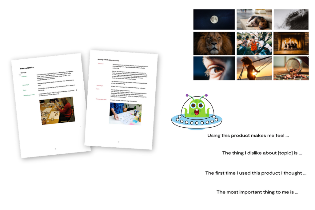 Image is depicting a number of examples of creative tools you can use in an interview: sheet of images, marsian, sentences that need to be finished