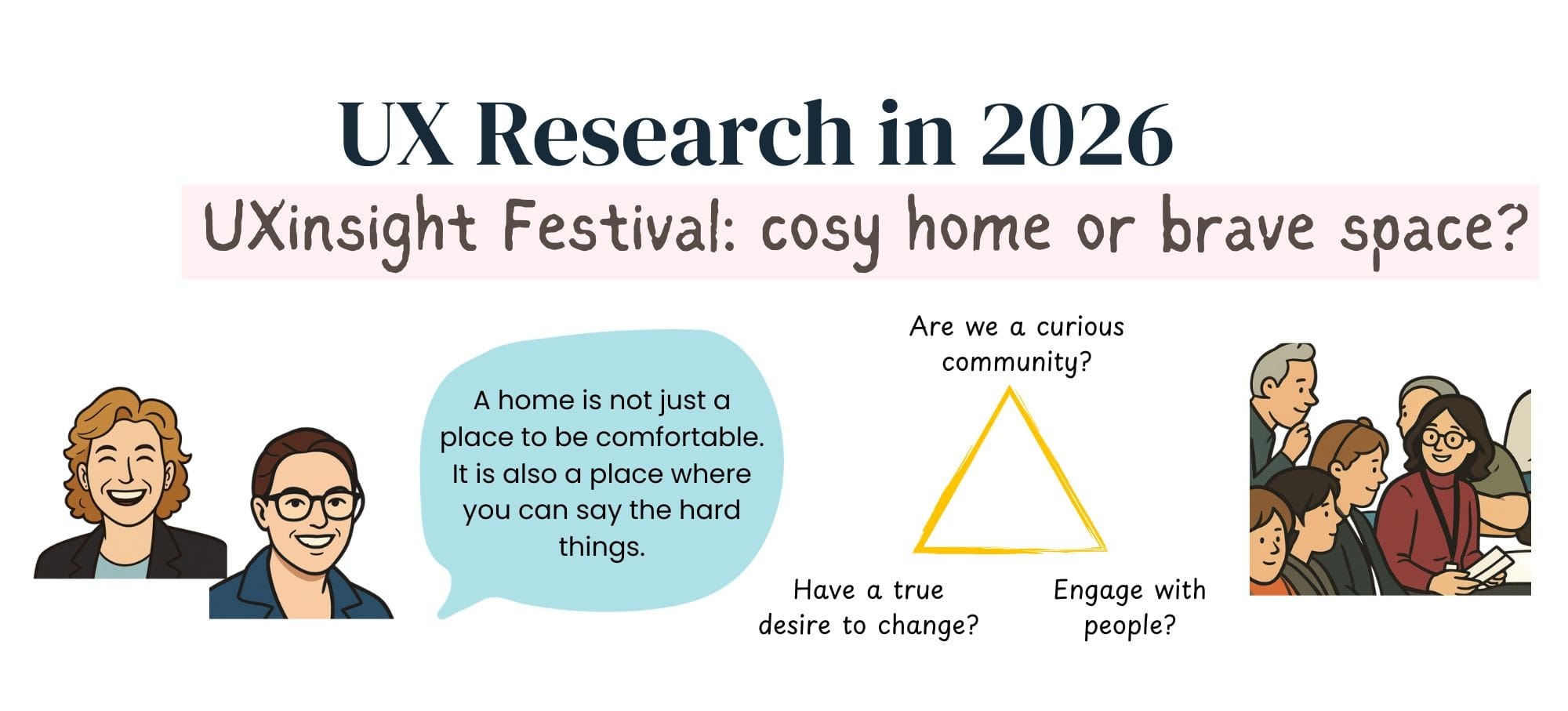 Infographic titled "UX Research in 2026 — UXinsight Festival: cosy home or brave space?" featuring two illustrated speakers, a triangle diagram, and a group illustration. Left: two women, one with curly auburn hair and one with dark hair and glasses, share a speech bubble reading "A home is not just a place to be comfortable. It is also a place where you can say the hard things." Centre: a yellow triangle with three questions at its corners: "Are we a curious community?", "Have a true desire to change?", and "Engage with people?" Right: an illustration of a diverse group of people in conversation, suggesting a community gathering.